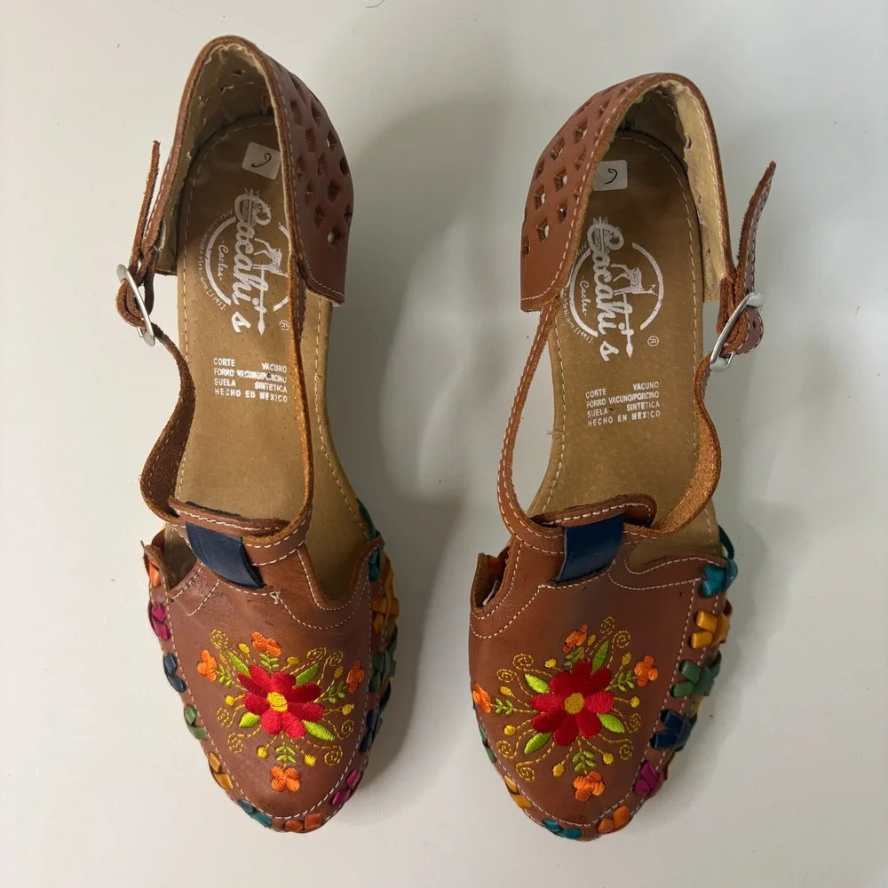 Cacahi's Mexican Huarache Wedge Sandal Sz 9 Tan Floral Strappy Shoe Boho Culture